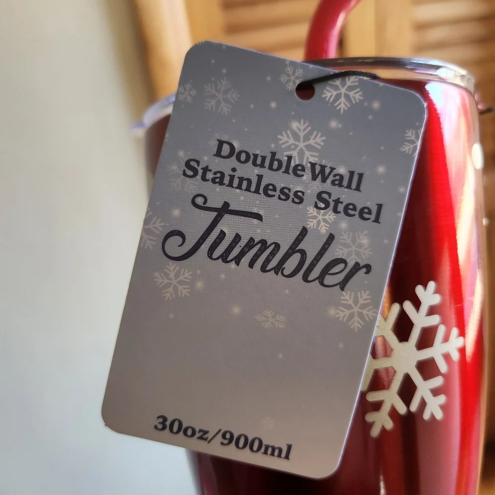 Christmas Stainless Steel Double Wall Tumbler Cup With Straw Snowflakes Red NWT